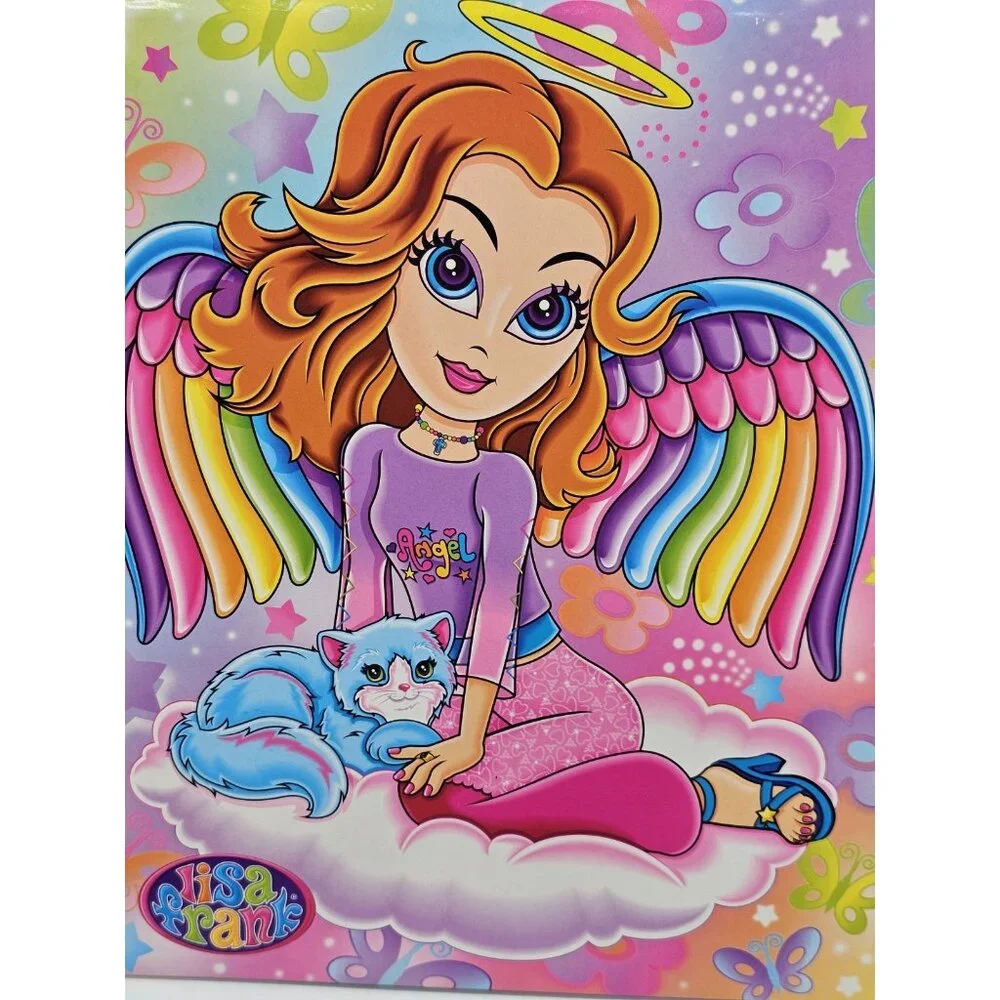Vintage Lisa Frank Angel Girl With Cat Folder Y2K Rainbow